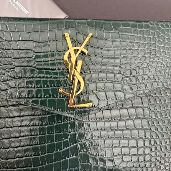 SAINT LAURENT YSL Dark Mint Green Uptown Croc Print Med Envelope Pouch Clutch - Picture 5 of 12